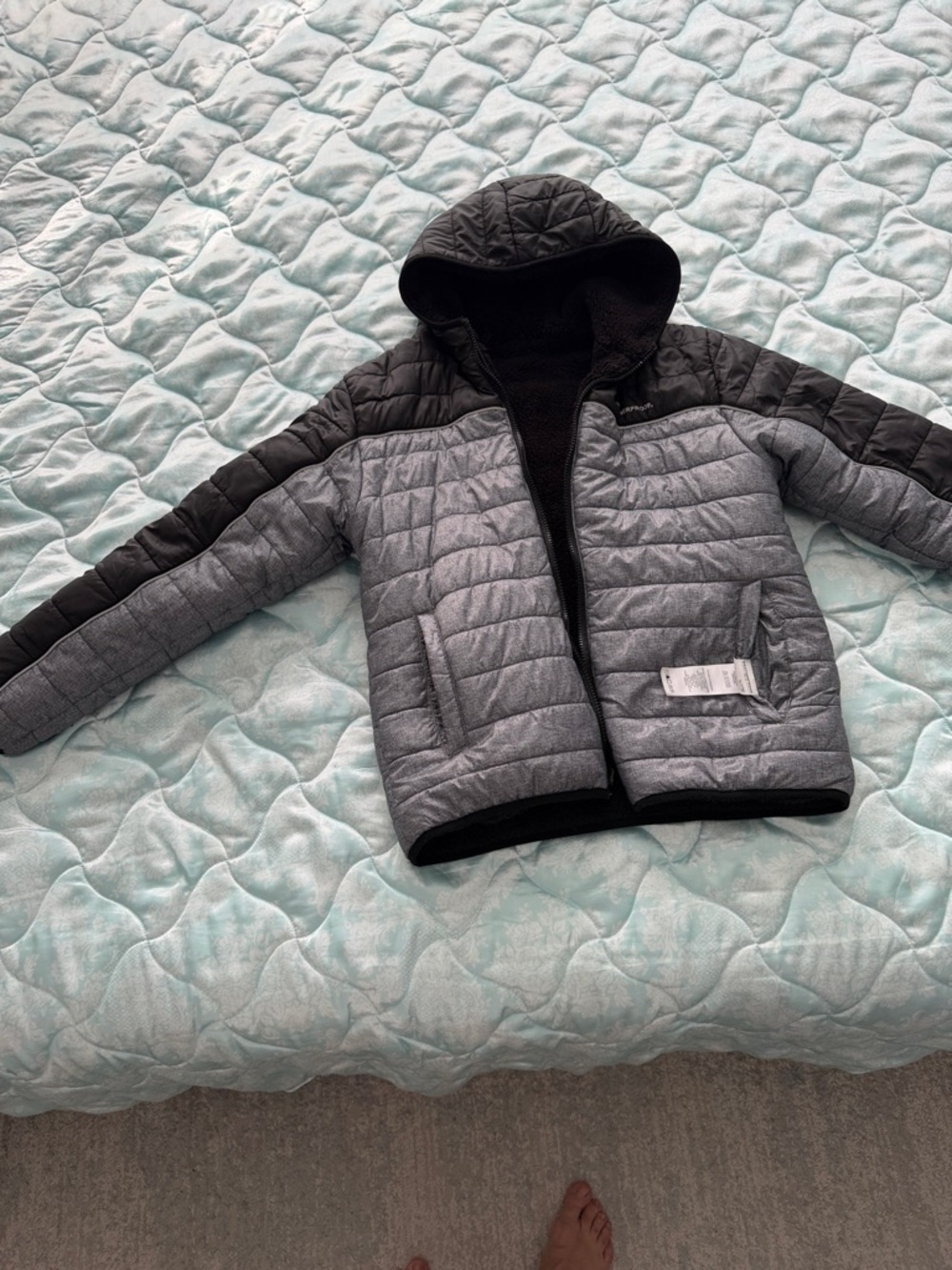 Weatherproof Kids Quilted Hooded Puffer Jacket in Gray and Black